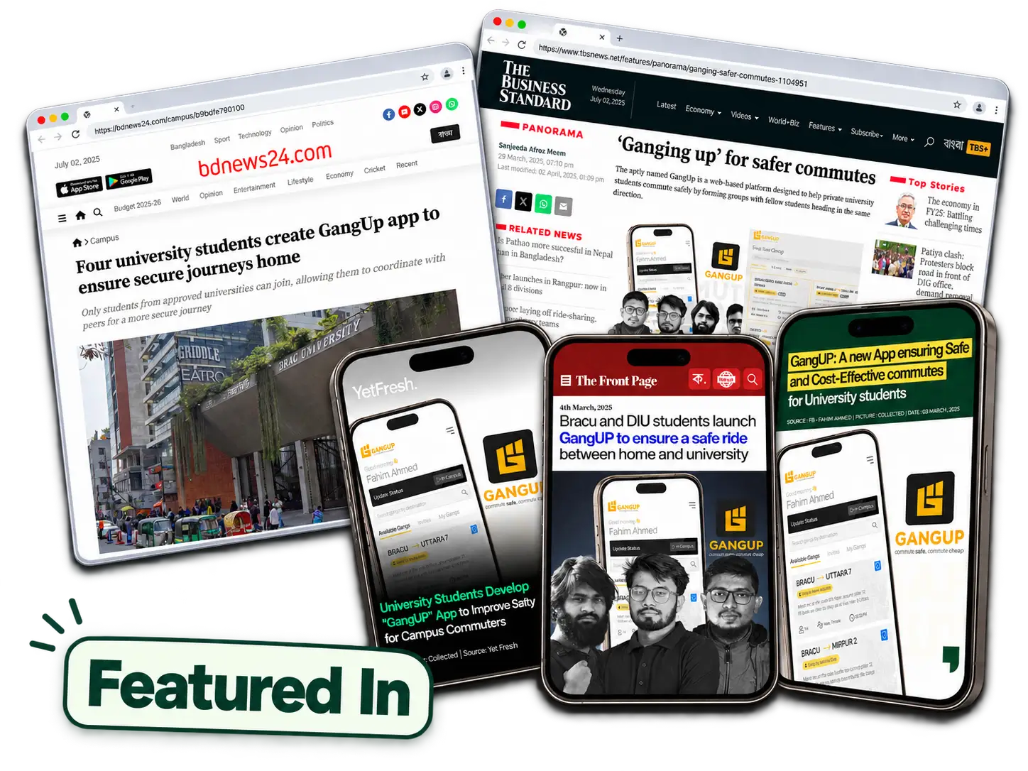 GangUp in the press: bdnews24.com, The Business Standard, The Front Page and YetFresh, with the app shown on phones