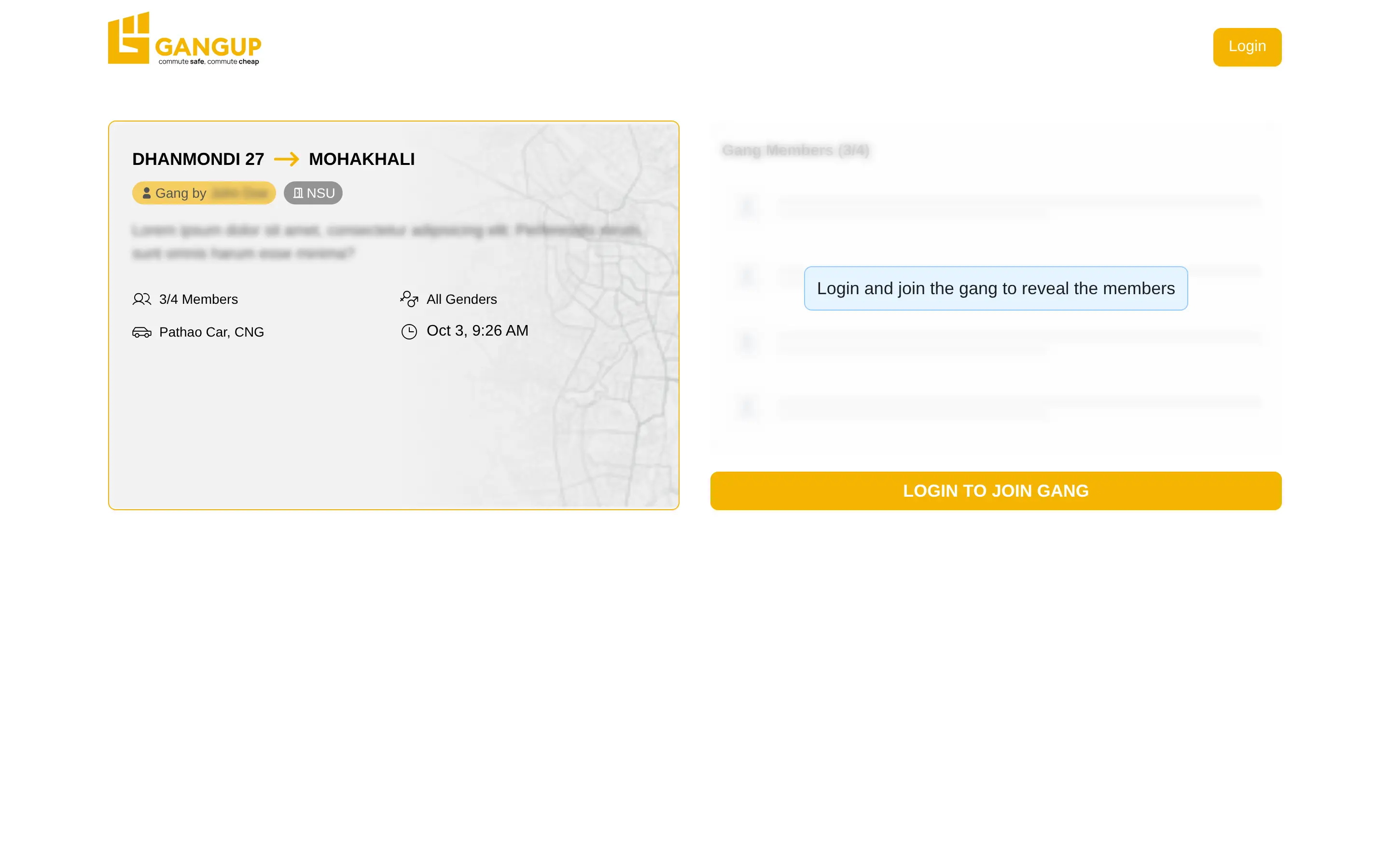 A gang in GangUp seen before logging in: its creator and note are blurred, its members are hidden behind "Login and join the gang to reveal the members", and the button reads Login to join gang