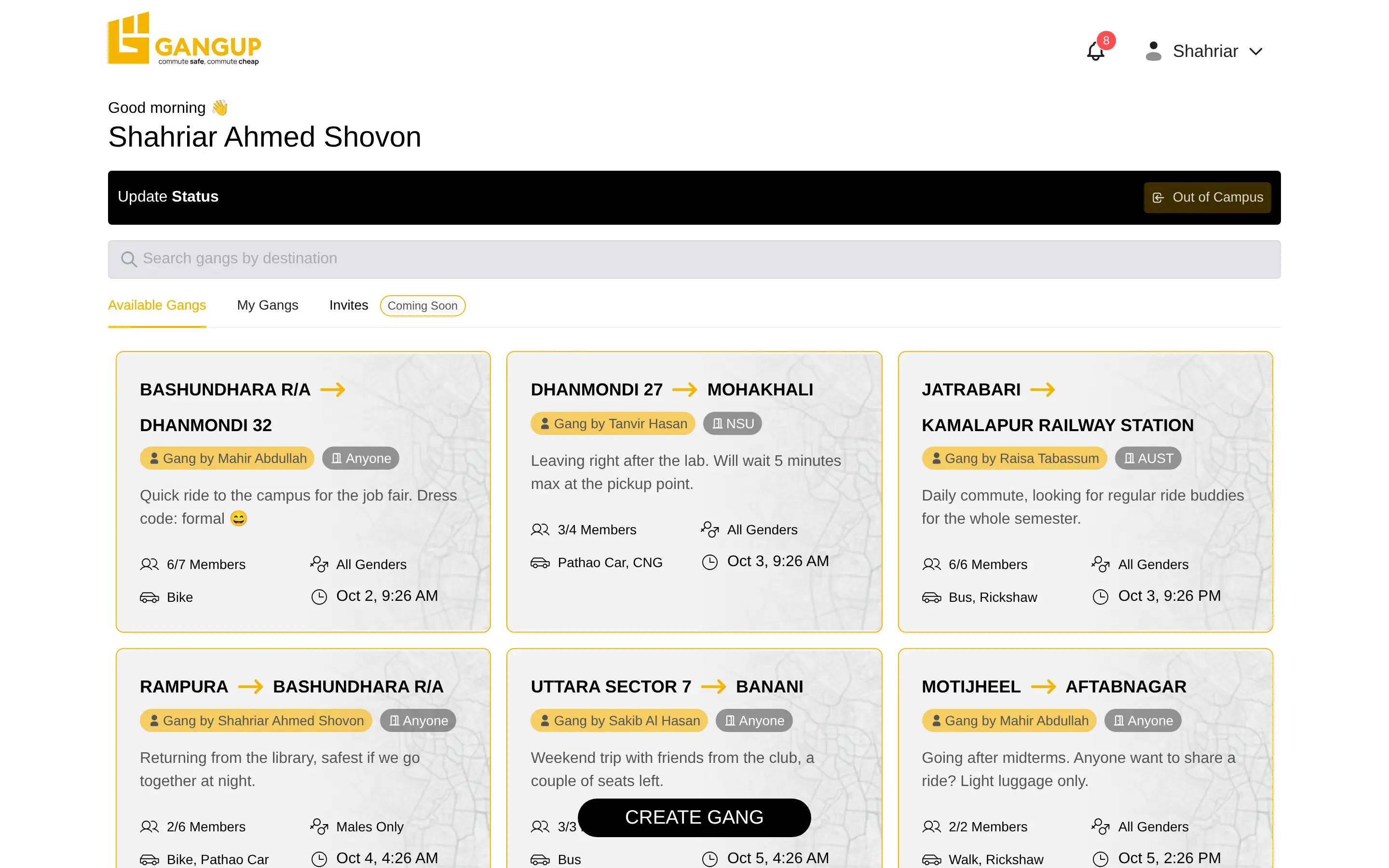 GangUp's available gangs, each a route such as Dhanmondi 27 to Mohakhali, with its creator, university, members, genders allowed, vehicle and time, under a search by destination