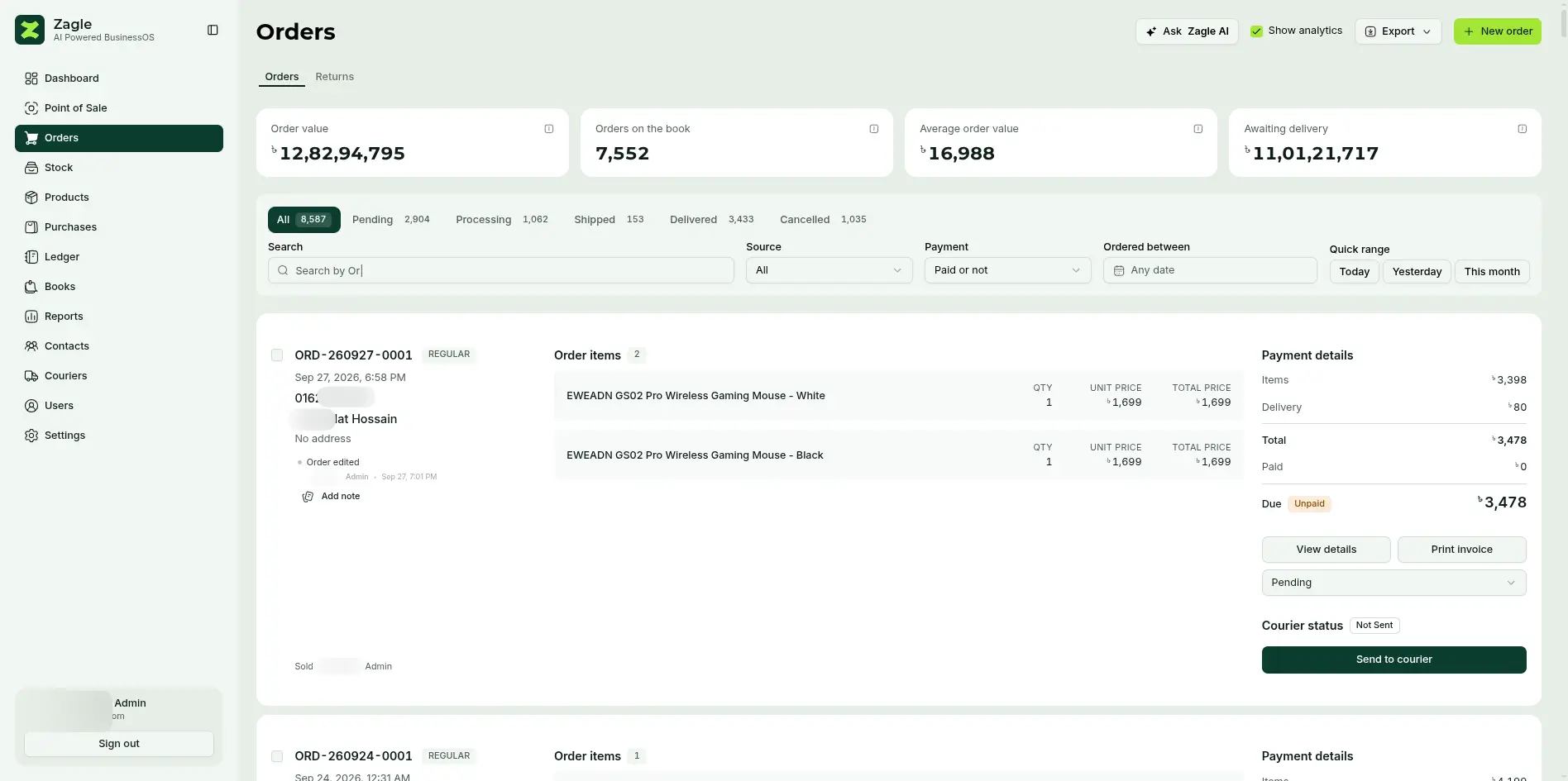Zagle's Orders screen: order value and count, status tabs, filters by source and payment, then each order with its items, payment and courier status
