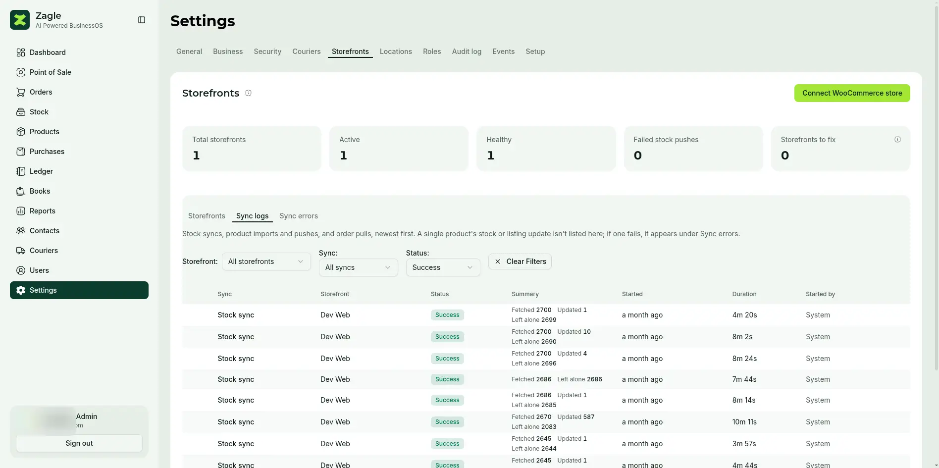 Zagle's storefront sync logs filtered to successful stock syncs with the website, each listing products fetched, updated and left alone