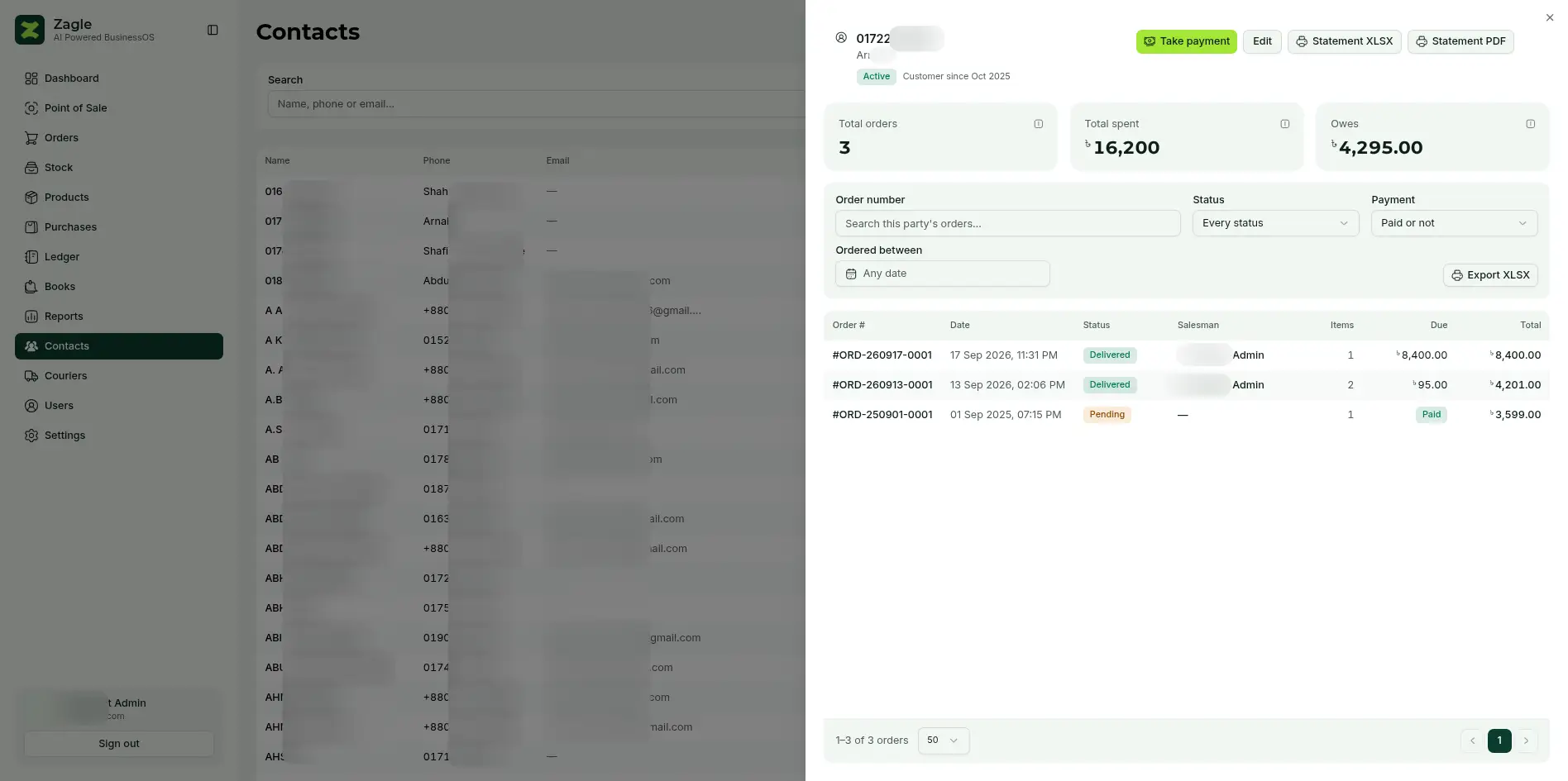 One customer's panel in Zagle: total orders, total spent and amount owed, above their three orders with dates and statuses