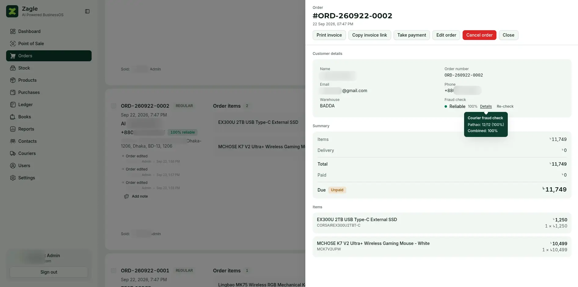 An order in Zagle with the customer's fraud check marked Reliable at 100%, and its courier record: Pathao 12/12 (100%)